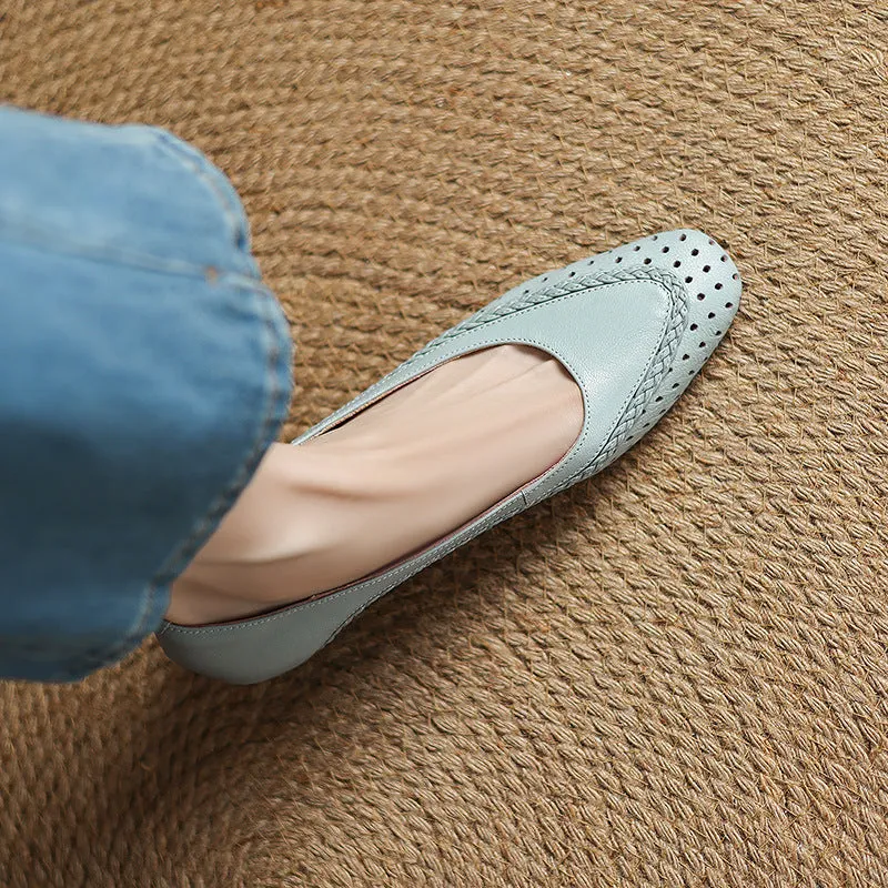 Women's mid heel sandals with hollow-out round toe design in goat leather and sheepskin