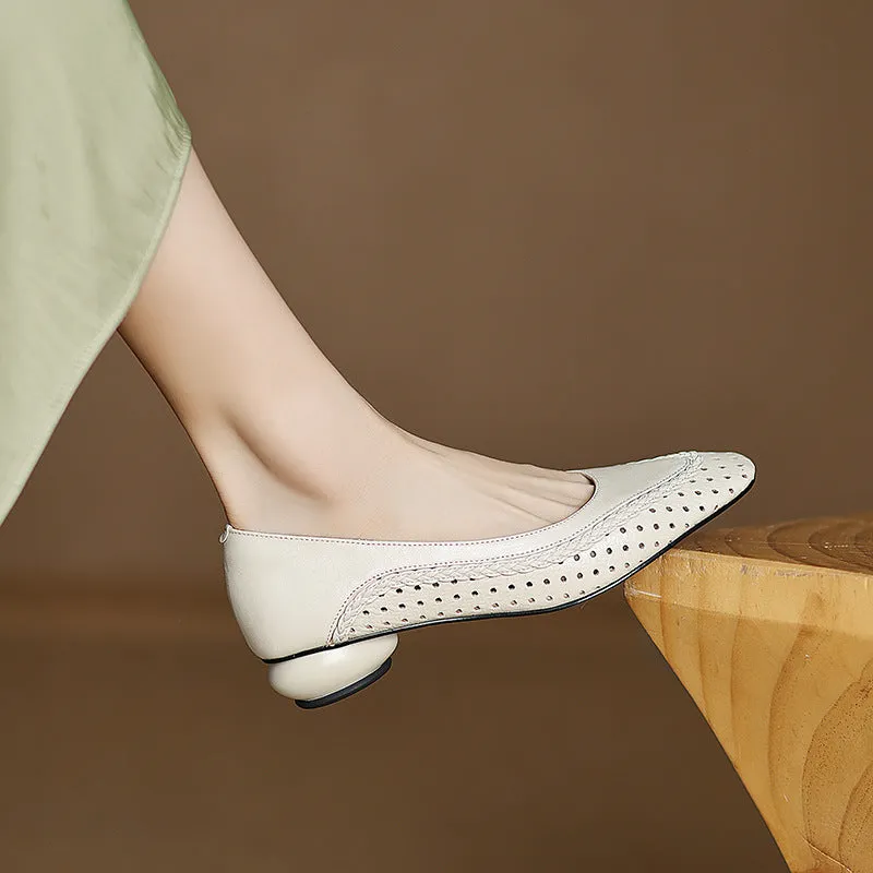 Women's mid heel sandals with hollow-out round toe design in goat leather and sheepskin