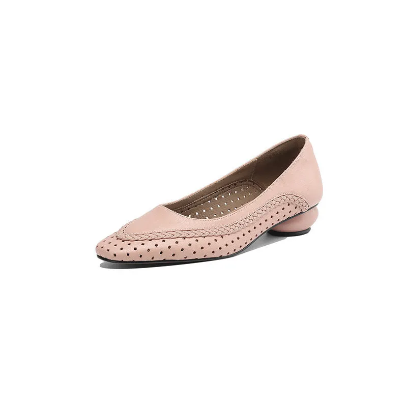 Women's mid heel sandals with hollow-out round toe design in goat leather and sheepskin