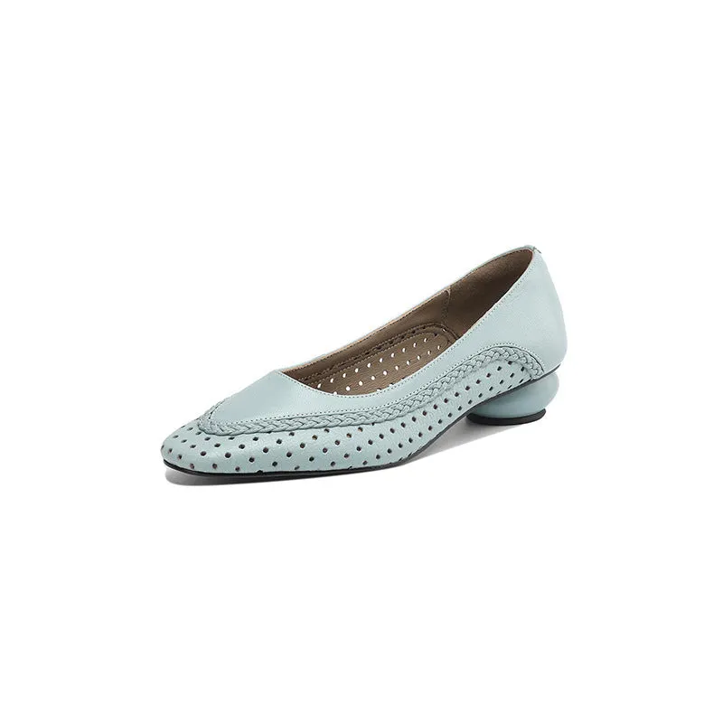 Women's mid heel sandals with hollow-out round toe design in goat leather and sheepskin