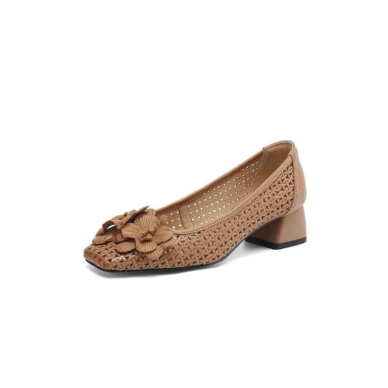 Women's light brown leather pumps with woven texture and hollow cut-out design on mid-height beef tendon soles