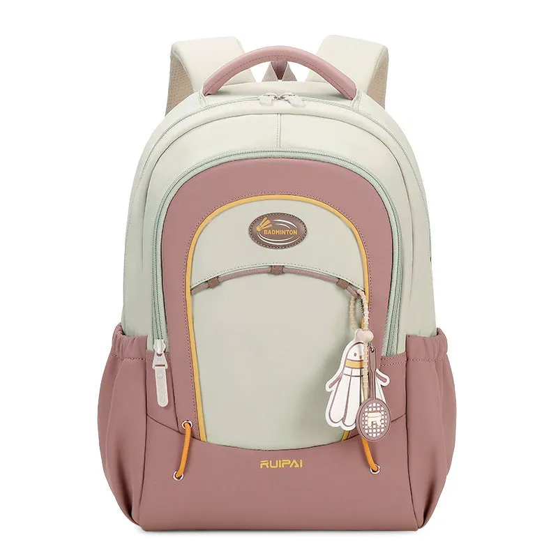 Leisure travel backpack with curved shoulder straps in cherry blossom powder colour showing sewing thread detailing