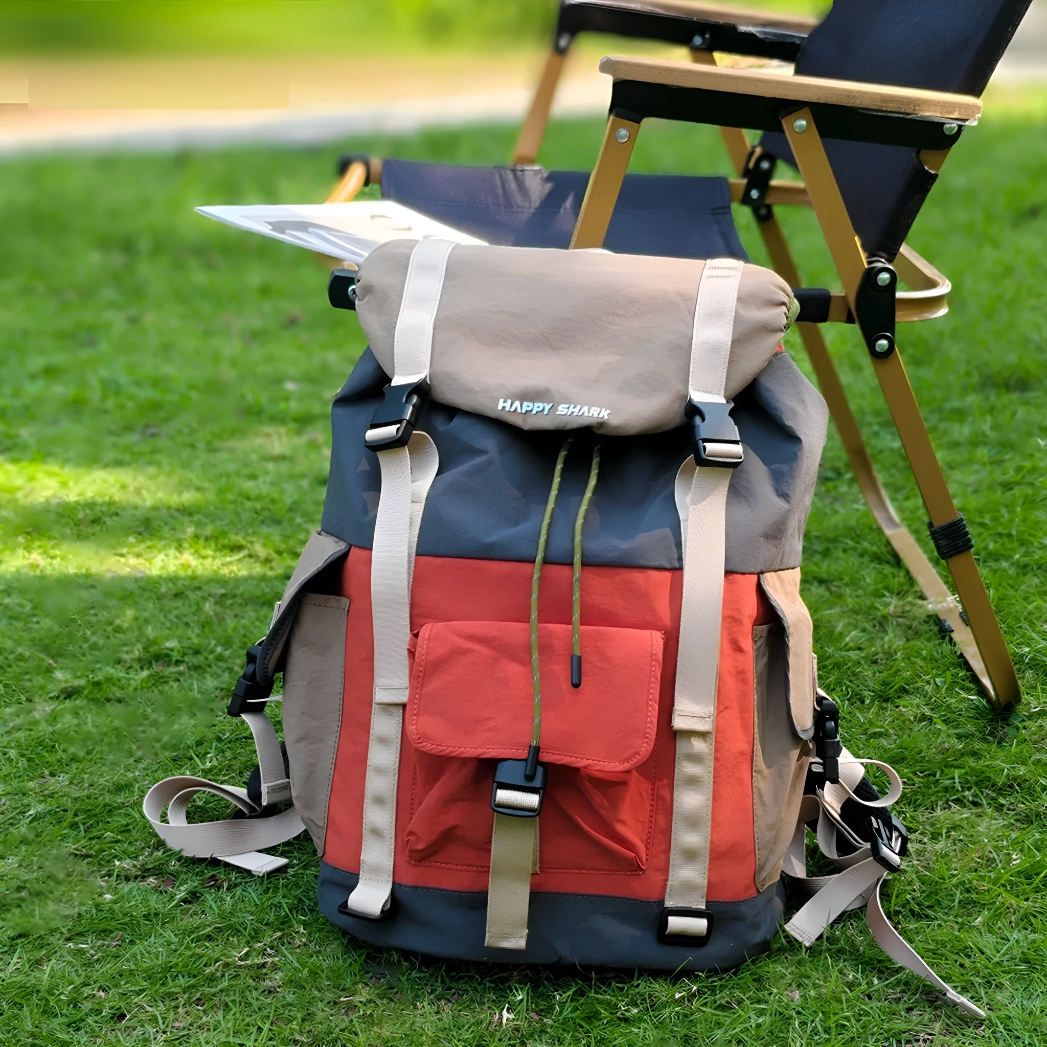 Orange green contrast colour outdoor backpack with multiple compartments and air pillow belt system