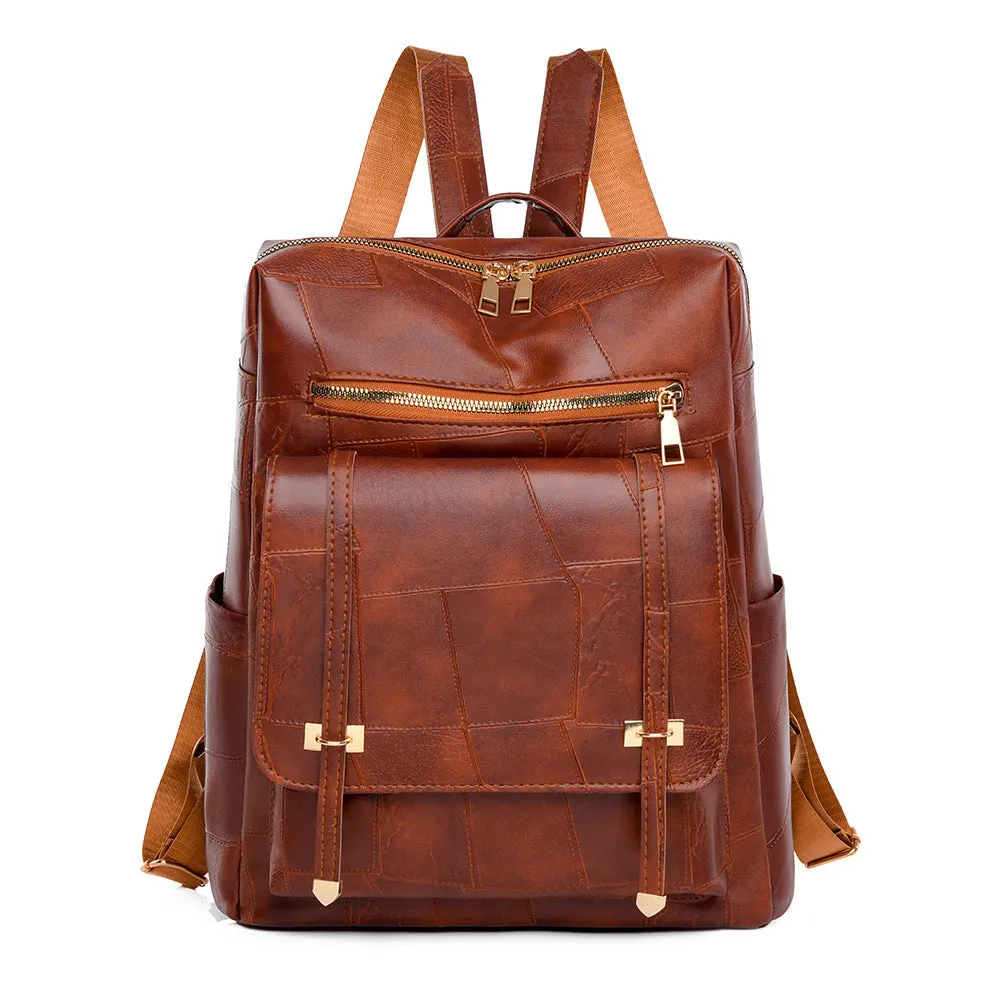 Retro style women's backpack in PU leather with waterproof exterior and internal zipper change bag