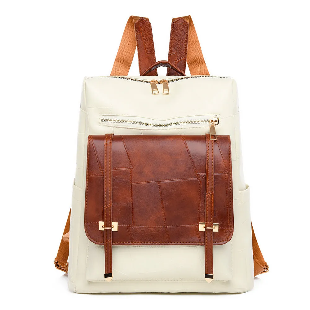 Retro style women's backpack in PU leather with waterproof exterior and internal zipper change bag