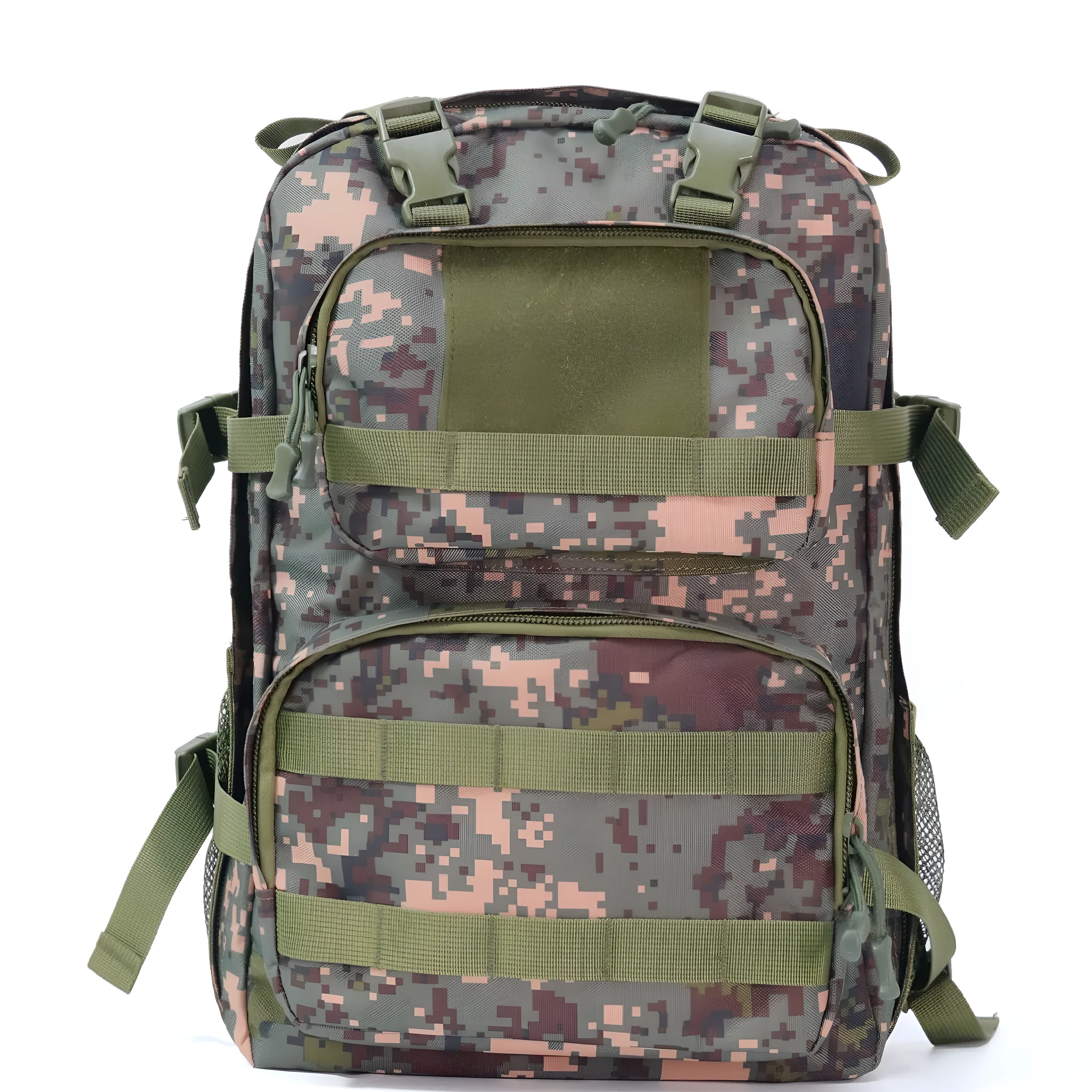 Green camouflage waterproof outdoor rucksack with black straps, shown from a side angle.