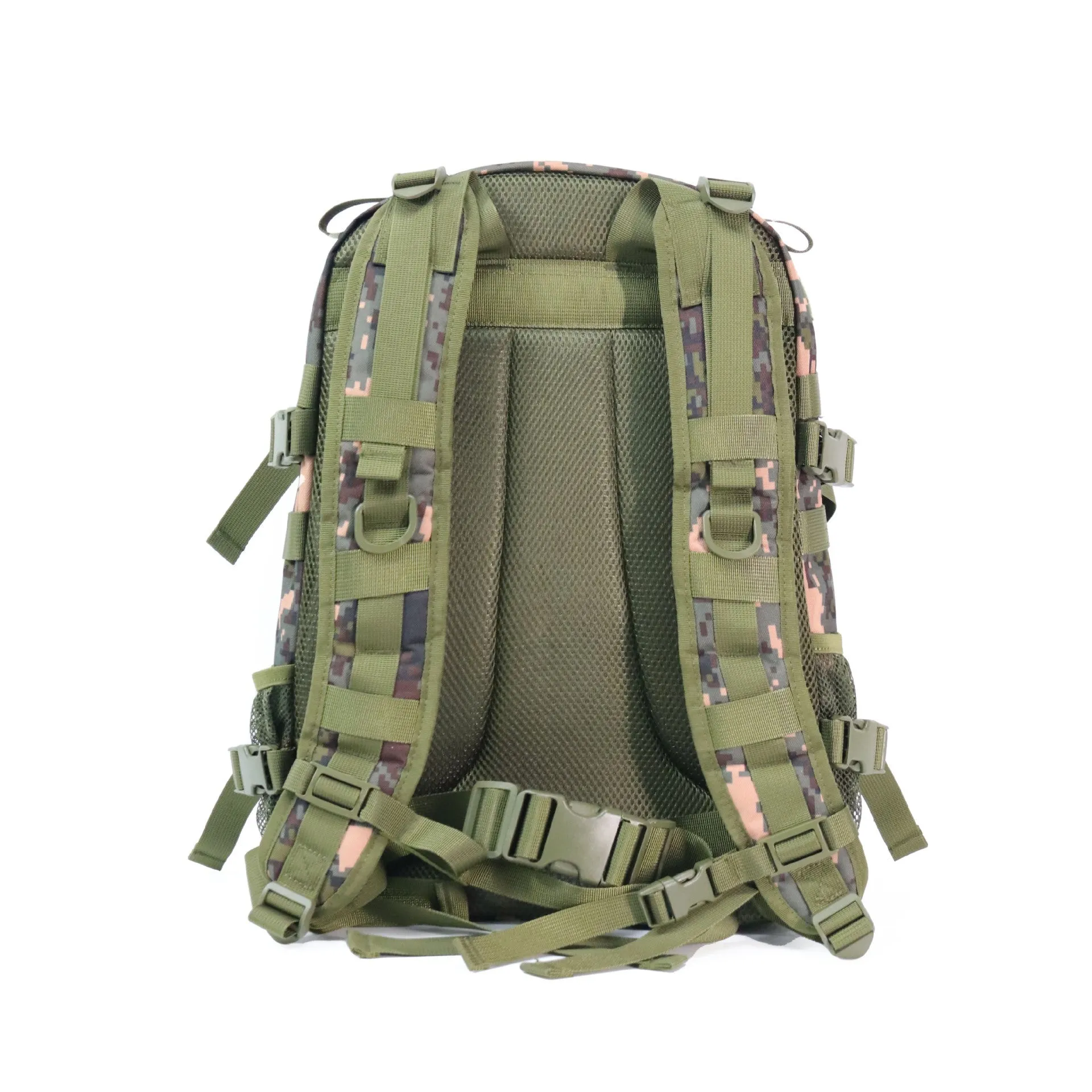 Green camouflage waterproof outdoor rucksack with black straps, shown from a side angle.