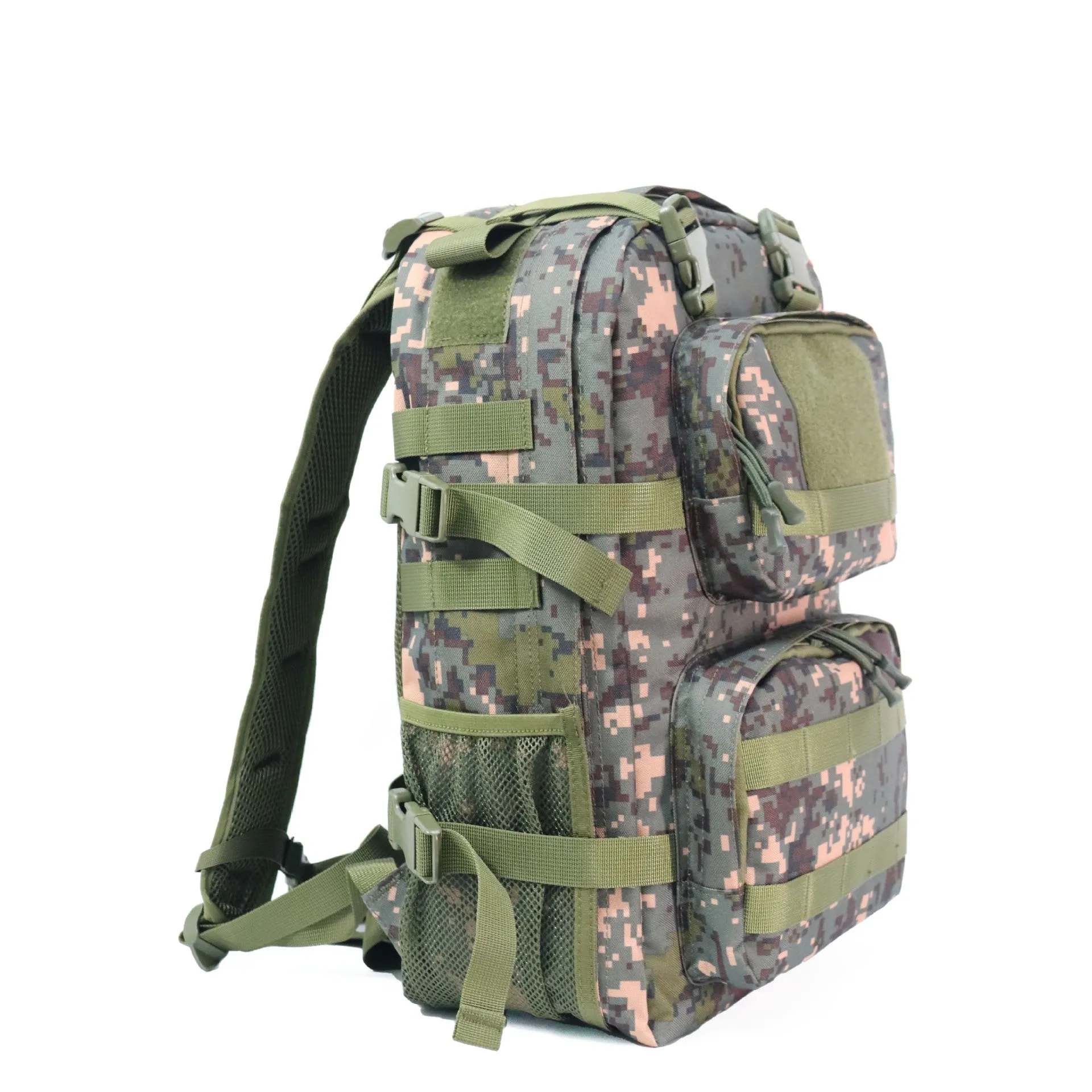Green camouflage waterproof outdoor rucksack with black straps, shown from a side angle.