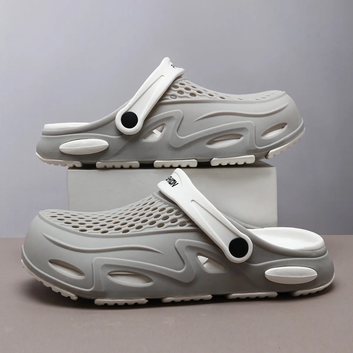 Men's grey closed toe beach slippers with non-slip EVA sole and round toe design