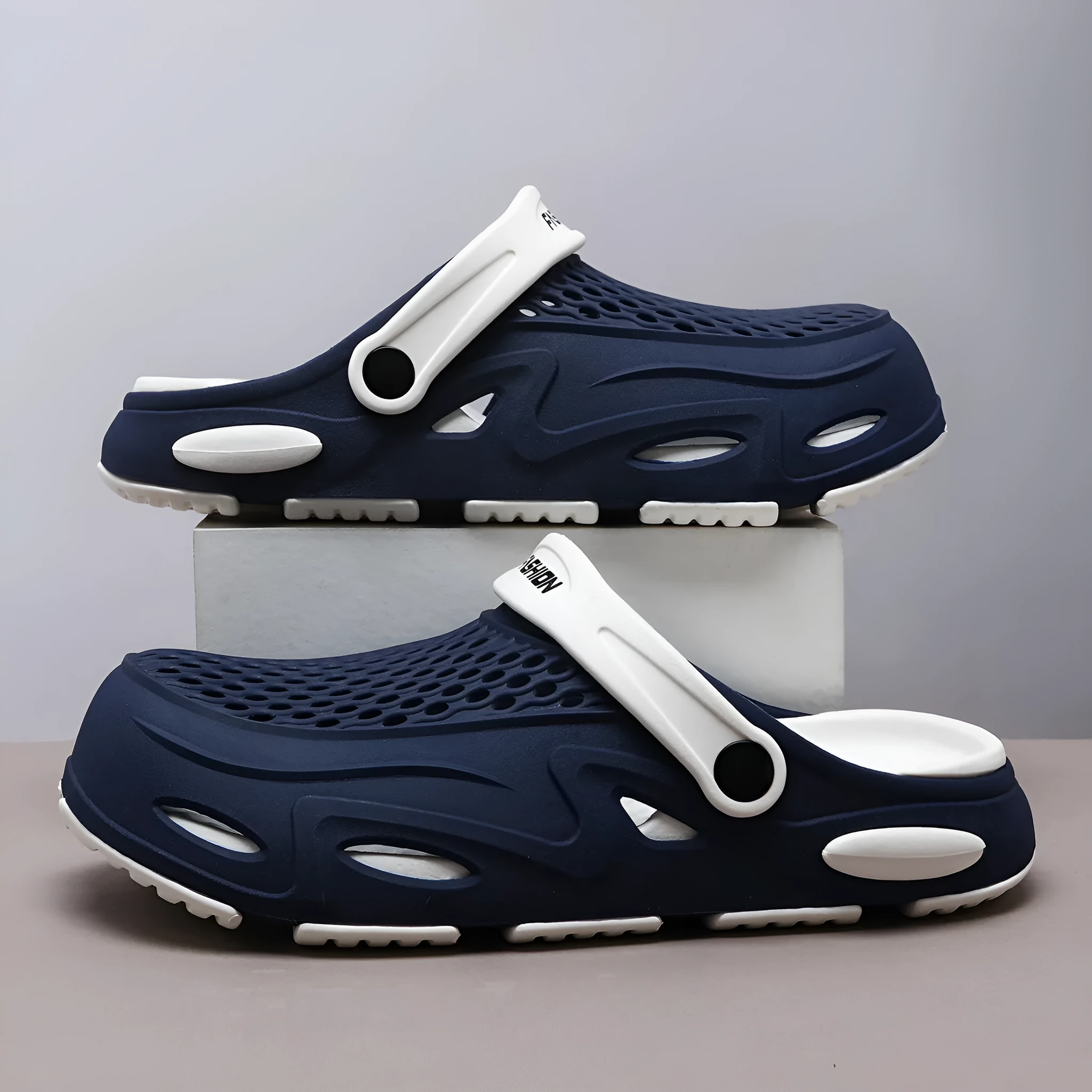 Men's grey closed toe beach slippers with non-slip EVA sole and round toe design