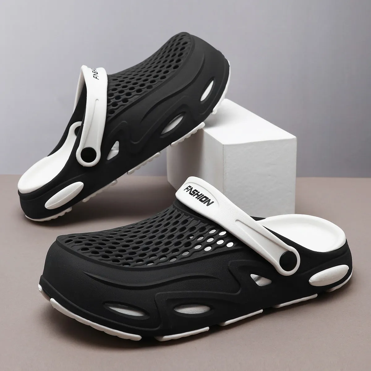 Men's grey closed toe beach slippers with non-slip EVA sole and round toe design