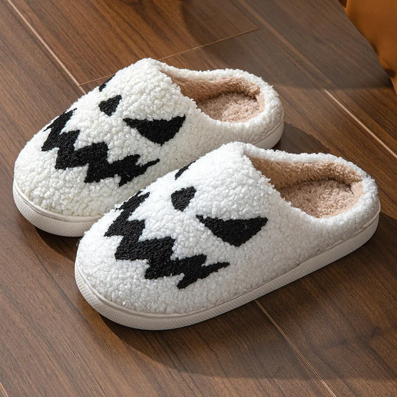 Halloween couple slippers with towel embroidery ghost face design on suede upper, with PVC sole.