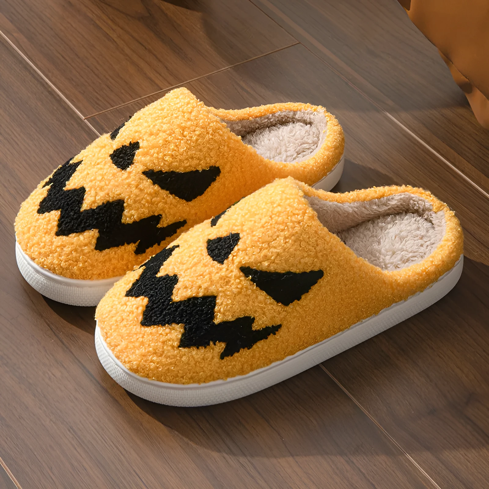 Halloween couple slippers with towel embroidery ghost face design on suede upper, with PVC sole.