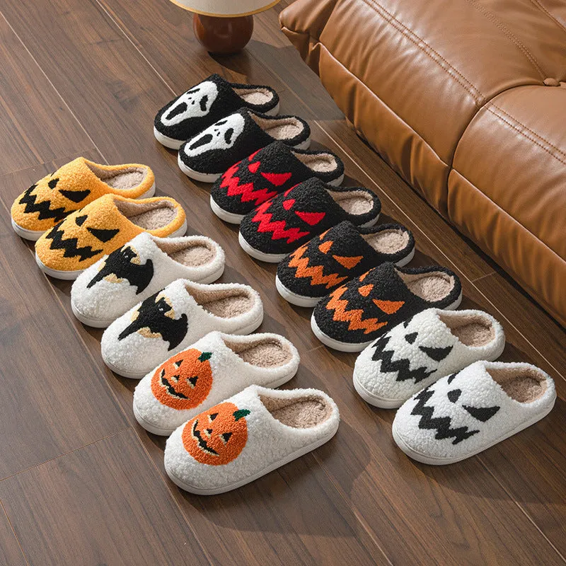 Halloween couple slippers with towel embroidery ghost face design on suede upper, with PVC sole.