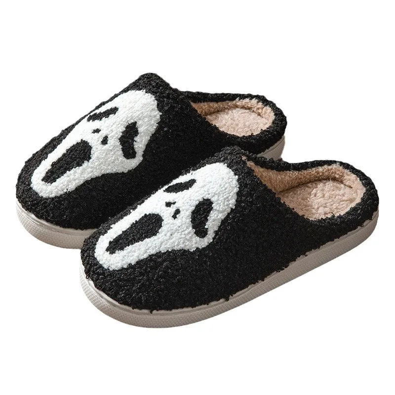 Halloween couple slippers with towel embroidery ghost face design on suede upper, with PVC sole.