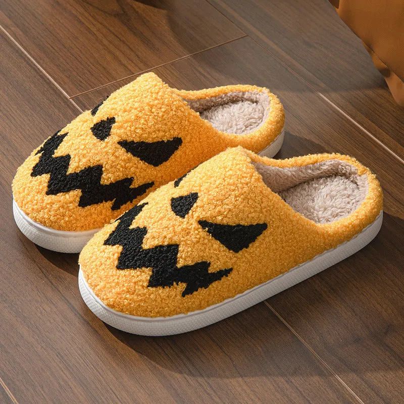 Halloween couple slippers with towel embroidery ghost face design on suede upper, with PVC sole.