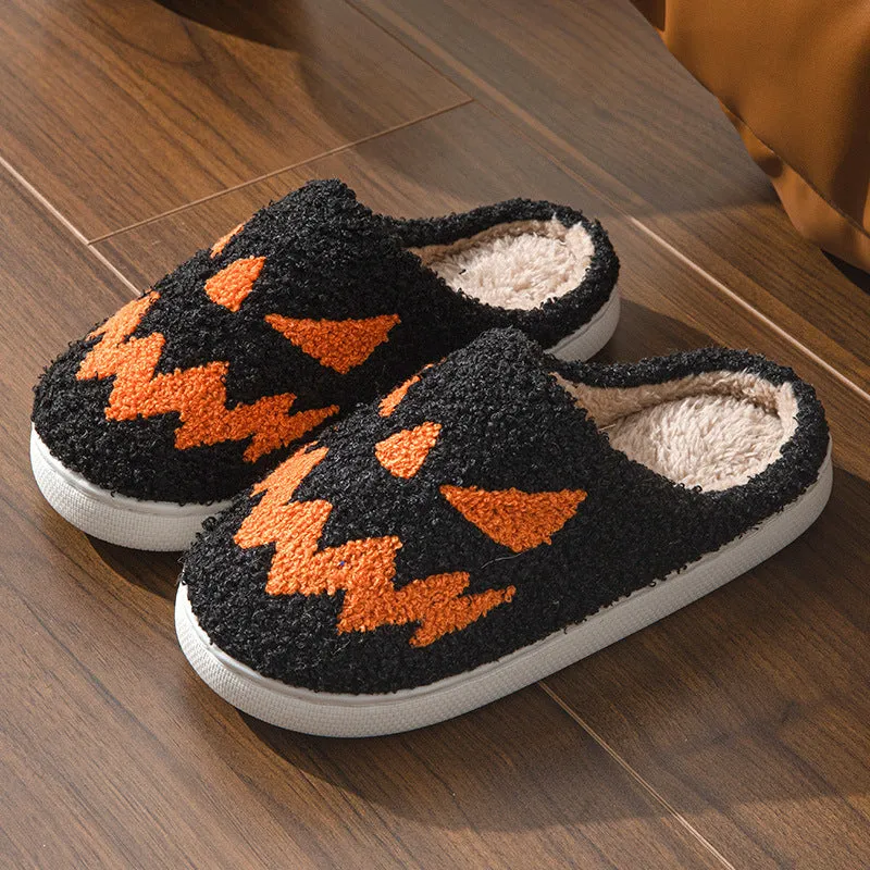 Halloween couple slippers with towel embroidery ghost face design on suede upper, with PVC sole.