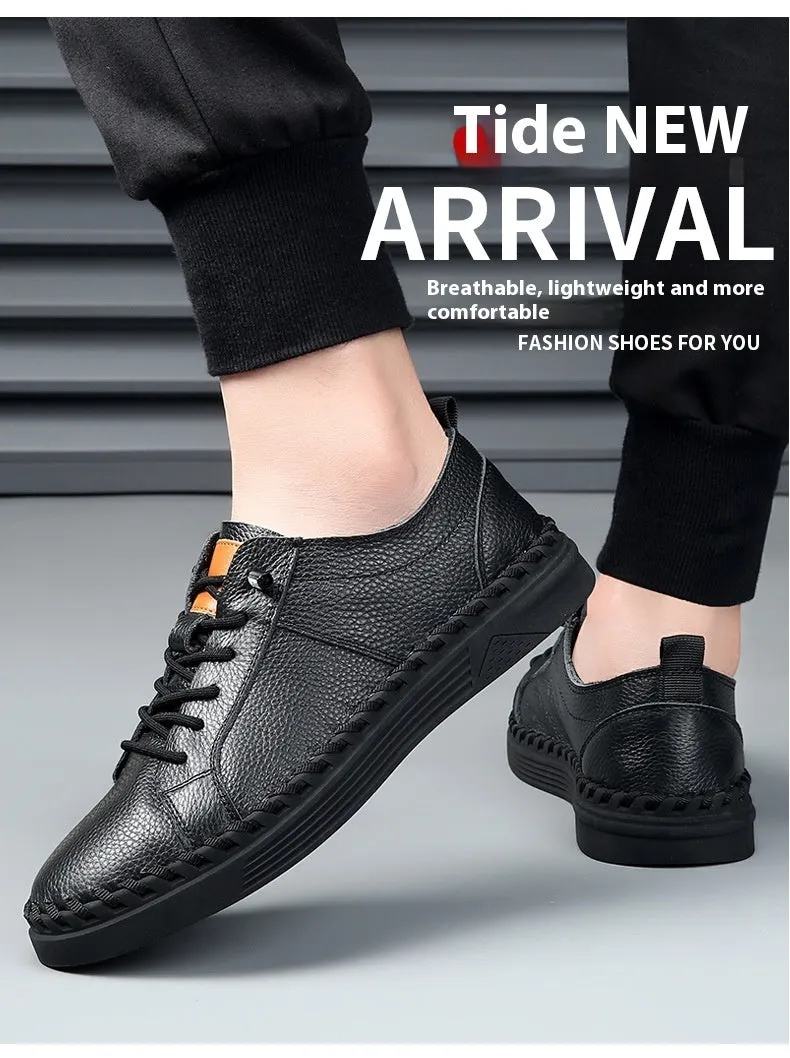 Men's beige and black casual sneakers made from first layer cowhide with mesh lining and round toe.