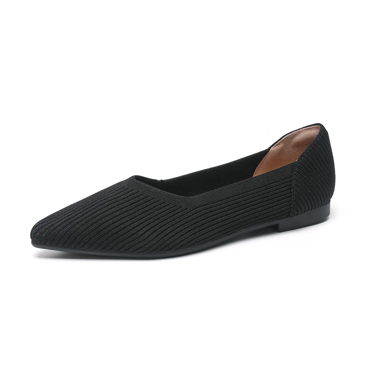 Women's apricot knit pointed flat pumps with a shallow mouth and rubber sole.