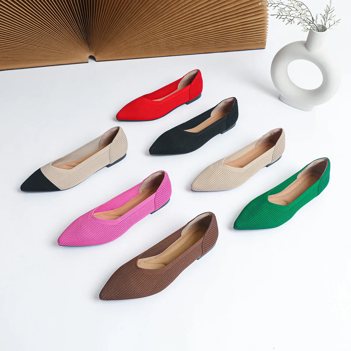 Women's apricot knit pointed flat pumps with a shallow mouth and rubber sole.