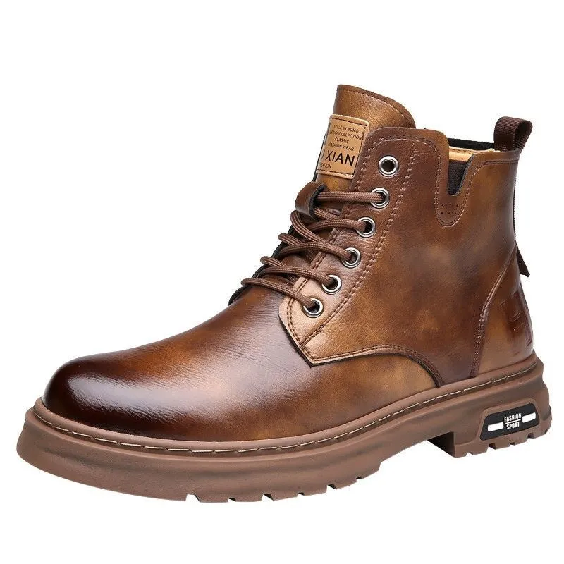 Men's black British Martin lace-up boots with thick rubber sole and round toe on a neutral background.