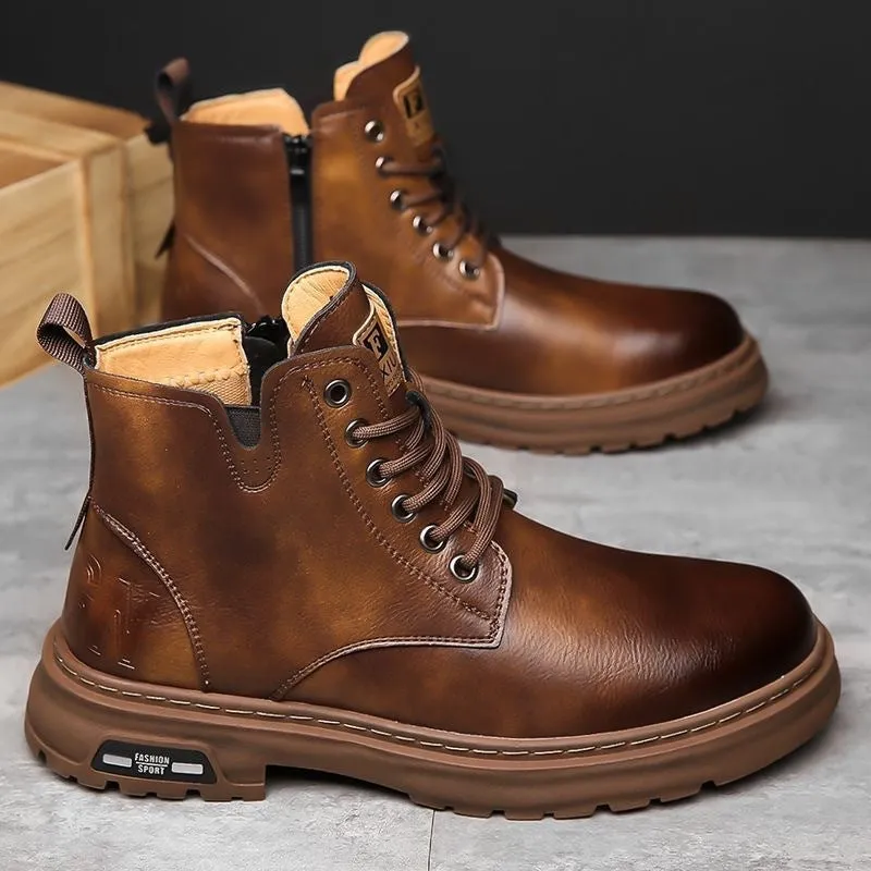 Men's black British Martin lace-up boots with thick rubber sole and round toe on a neutral background.