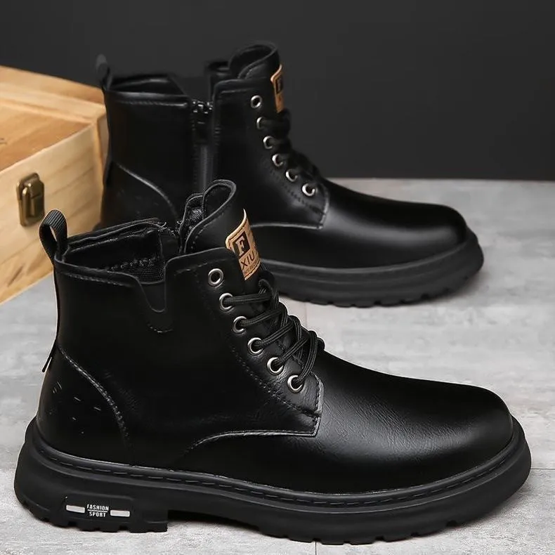 Men's black British Martin lace-up boots with thick rubber sole and round toe on a neutral background.
