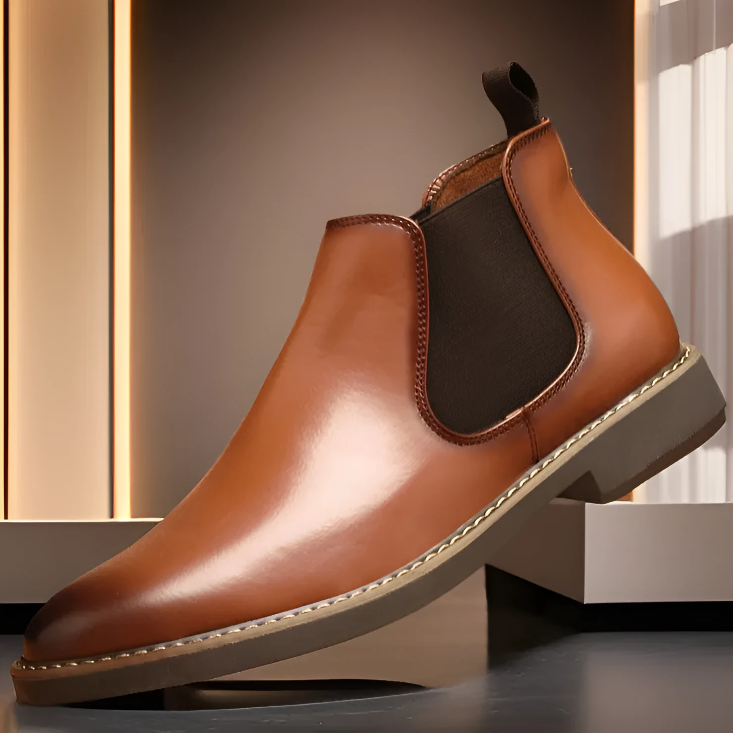 Men's British style artificial PU boots with a square heel, shown in black and yellow colours.
