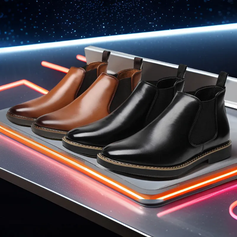 Men's British style artificial PU boots with a square heel, shown in black and yellow colours.
