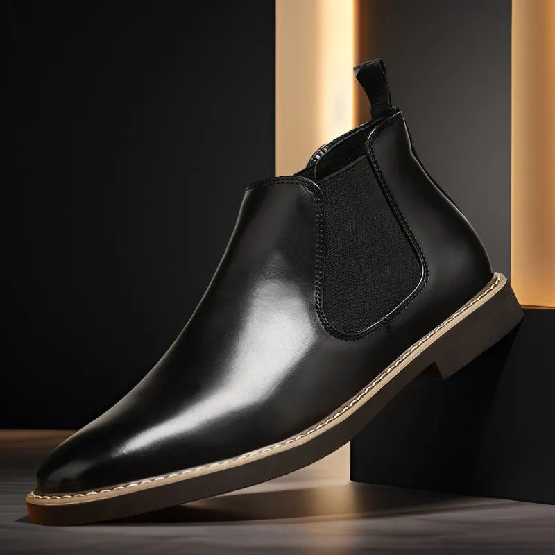 Men's British style artificial PU boots with a square heel, shown in black and yellow colours.
