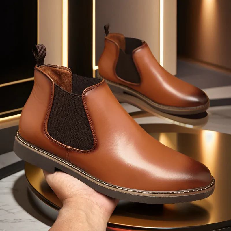Men's British style artificial PU boots with a square heel, shown in black and yellow colours.
