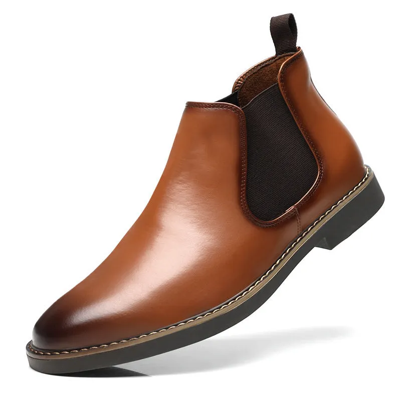 Men's British style artificial PU boots with a square heel, shown in black and yellow colours.