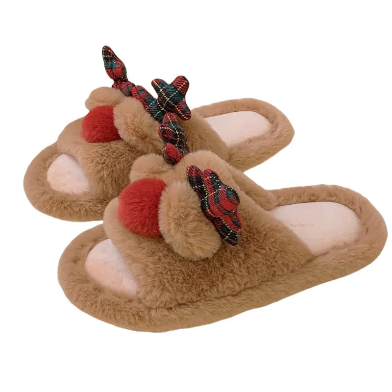 Brown suede slippers with cartoon deer design, flip-flop style with PVC sole