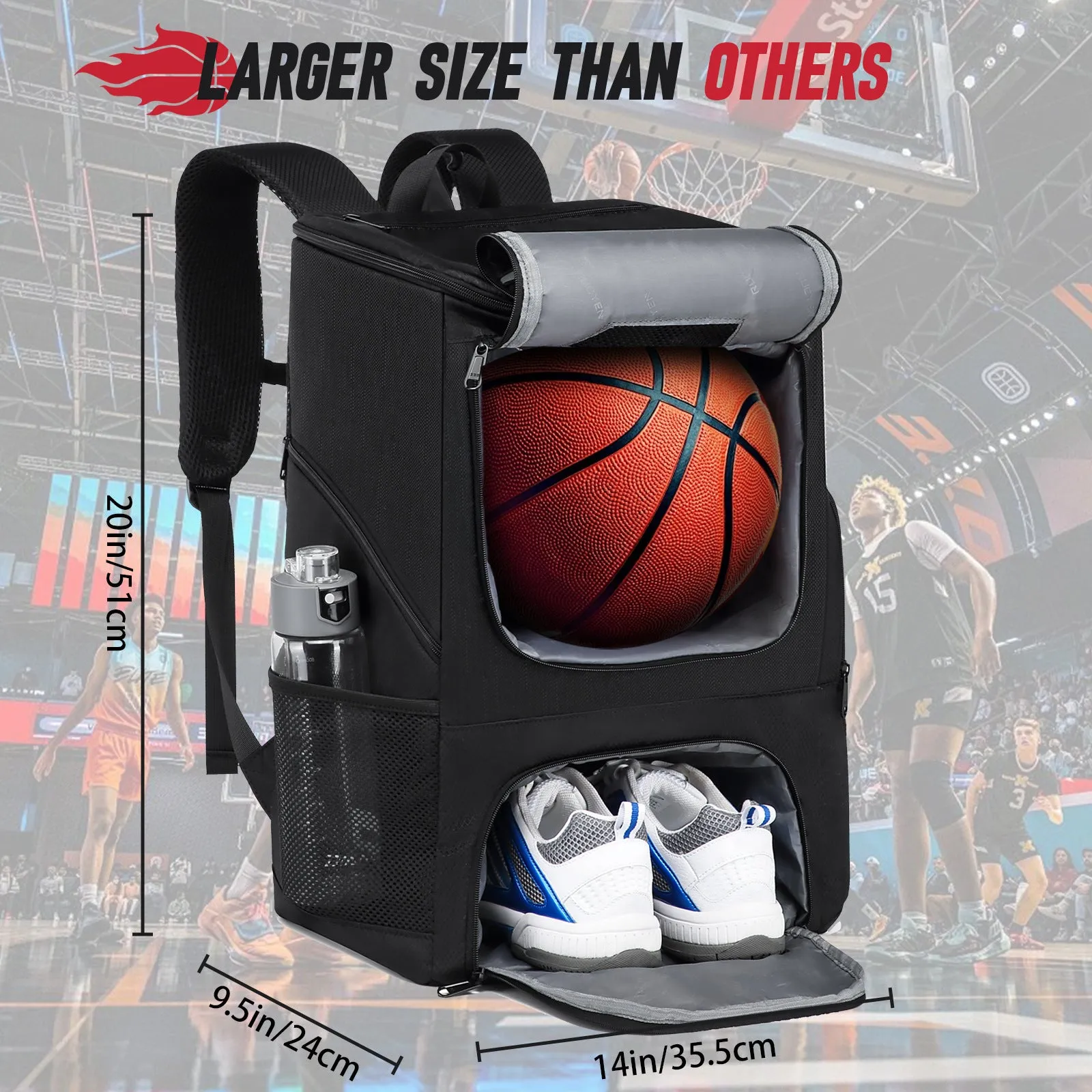 Black Oxford cloth basketball training backpack with large capacity for sports equipment