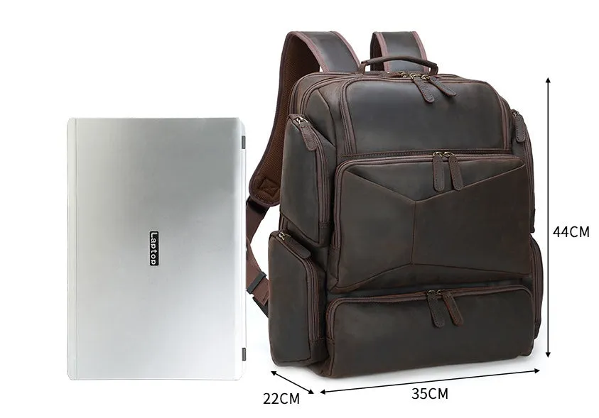 Dark brown retro leather backpack for a 17-inch laptop with double shoulder straps.