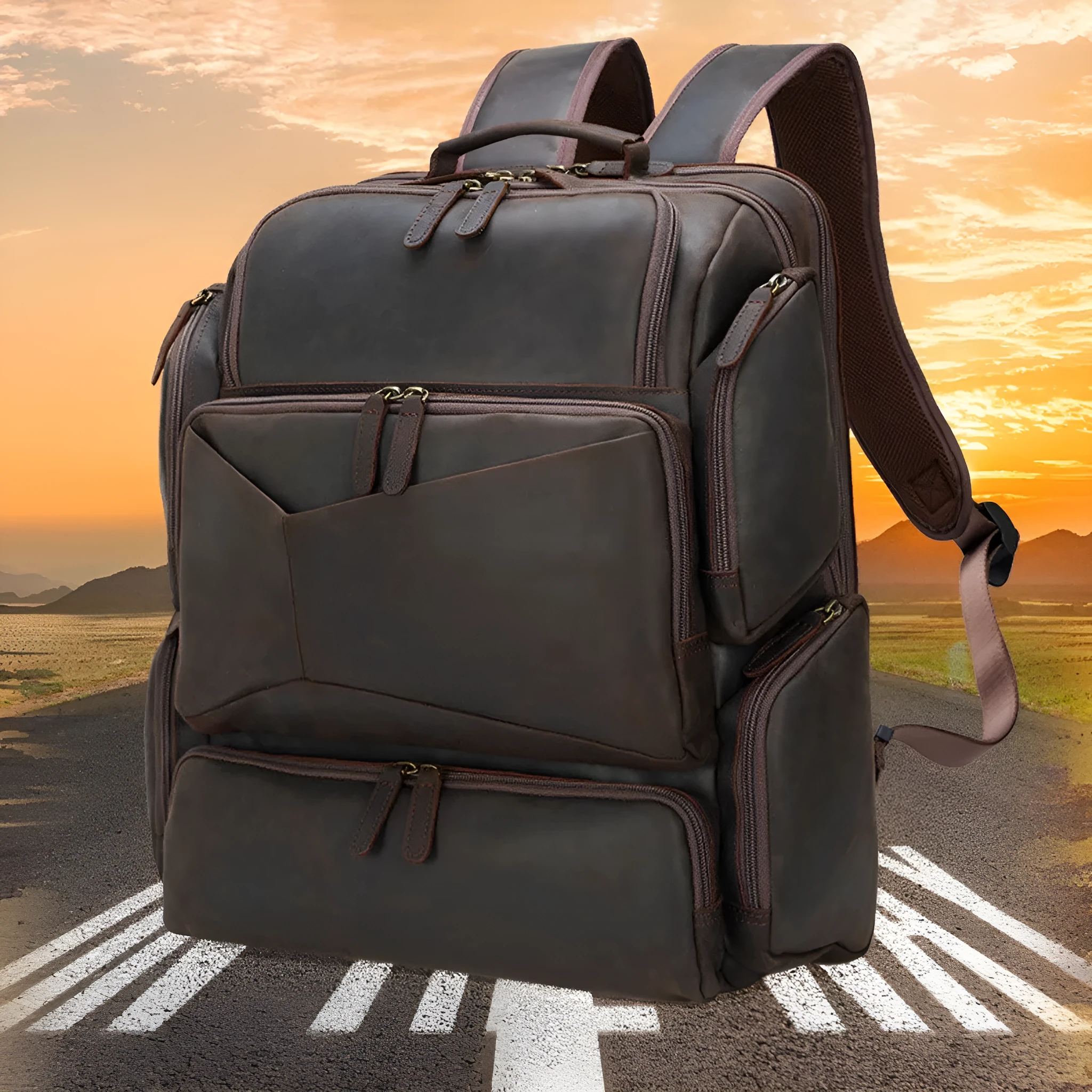Dark brown retro leather backpack for a 17-inch laptop with double shoulder straps.