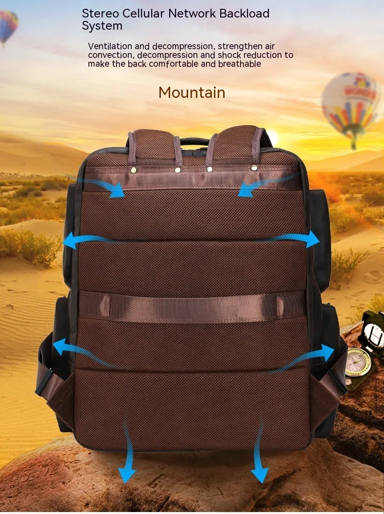 Dark brown retro leather backpack for a 17-inch laptop with double shoulder straps.