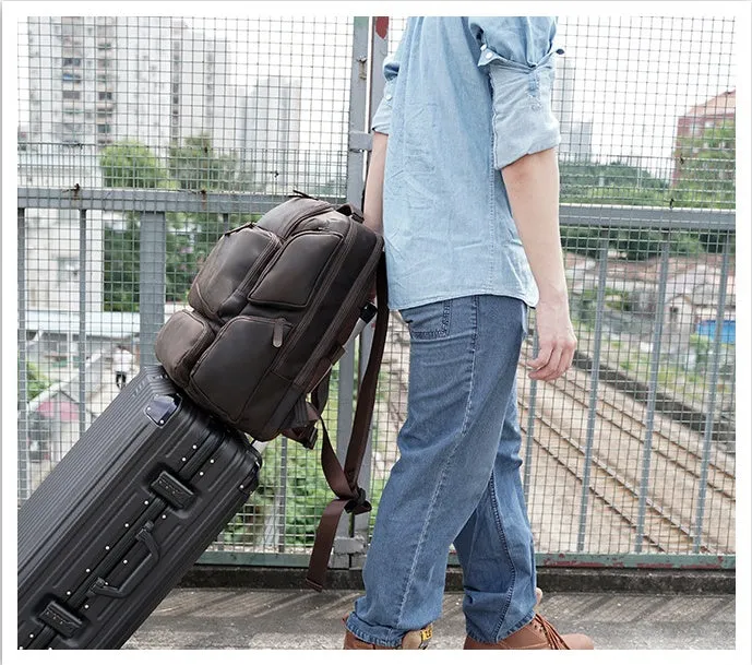 Dark brown retro leather backpack for a 17-inch laptop with double shoulder straps.