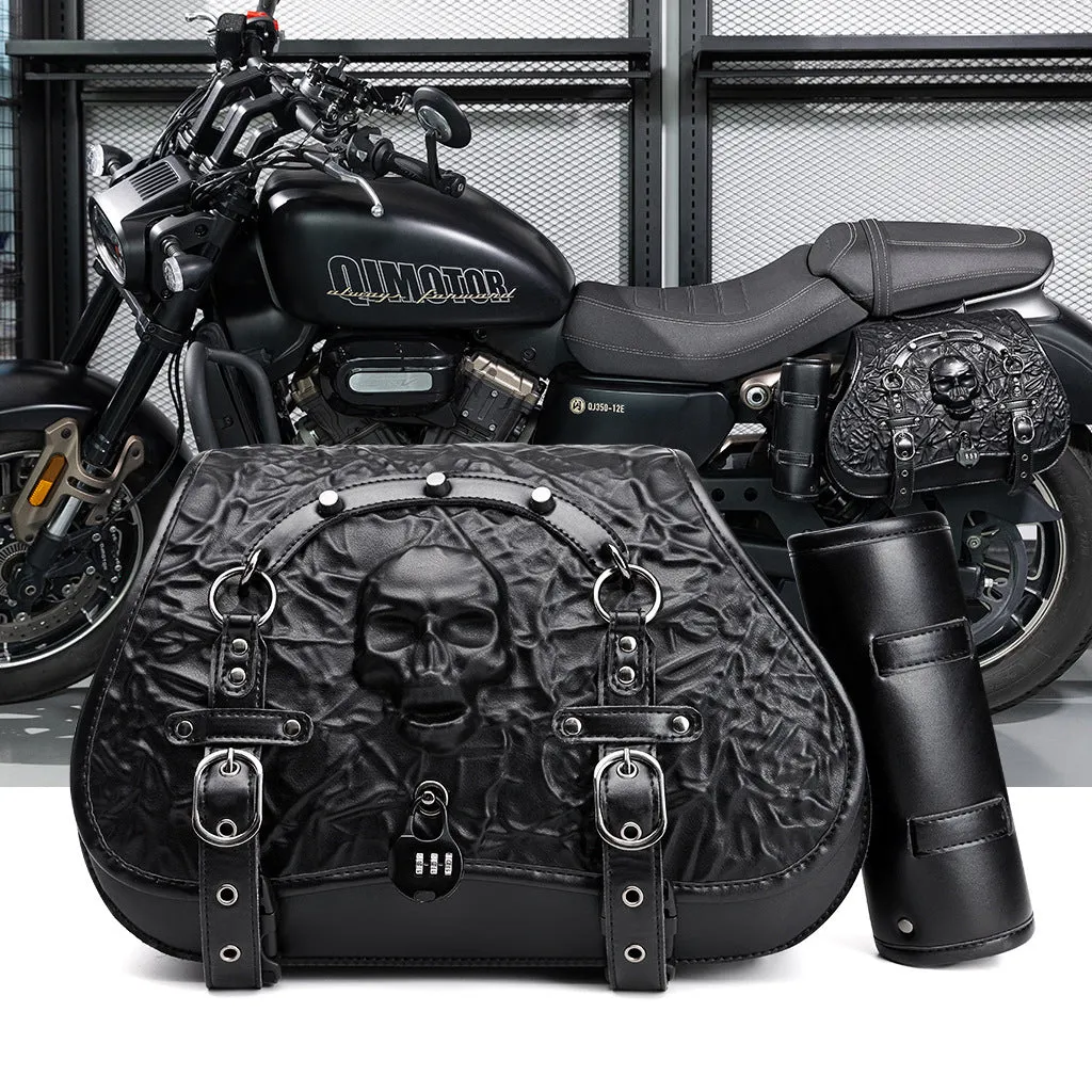 Pair of black PU synthetic leather motorcycle side luggage bags mounted on a modified bike frame.