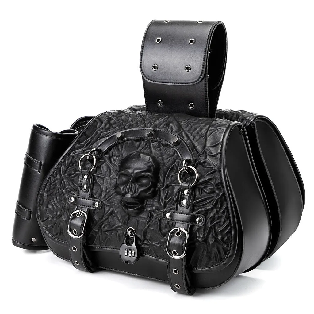 Pair of black PU synthetic leather motorcycle side luggage bags mounted on a modified bike frame.