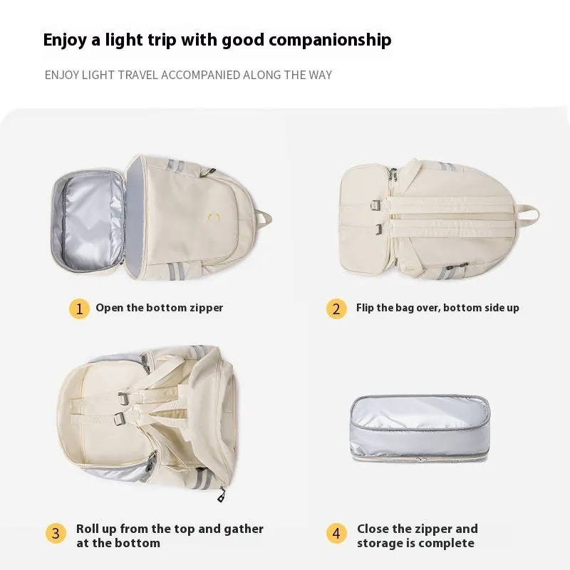 Women's travel backpack with dry-wet separation compartments in beige colour showing curved shoulder straps