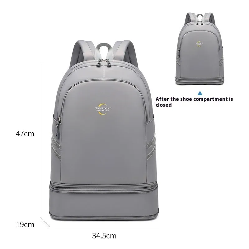 Women's travel backpack with dry-wet separation compartments in beige colour showing curved shoulder straps
