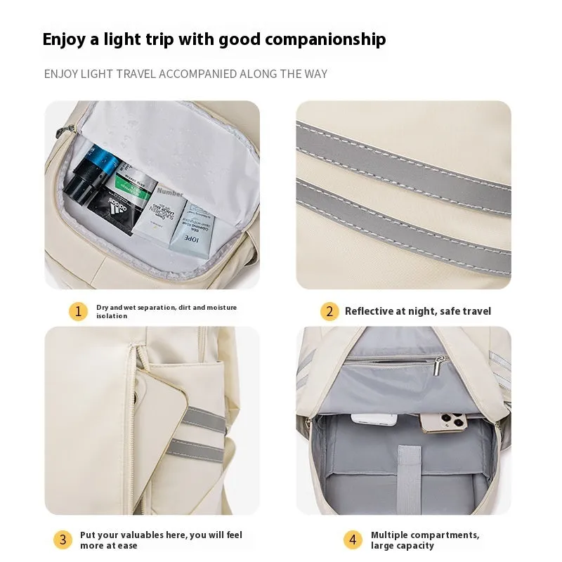 Women's travel backpack with dry-wet separation compartments in beige colour showing curved shoulder straps
