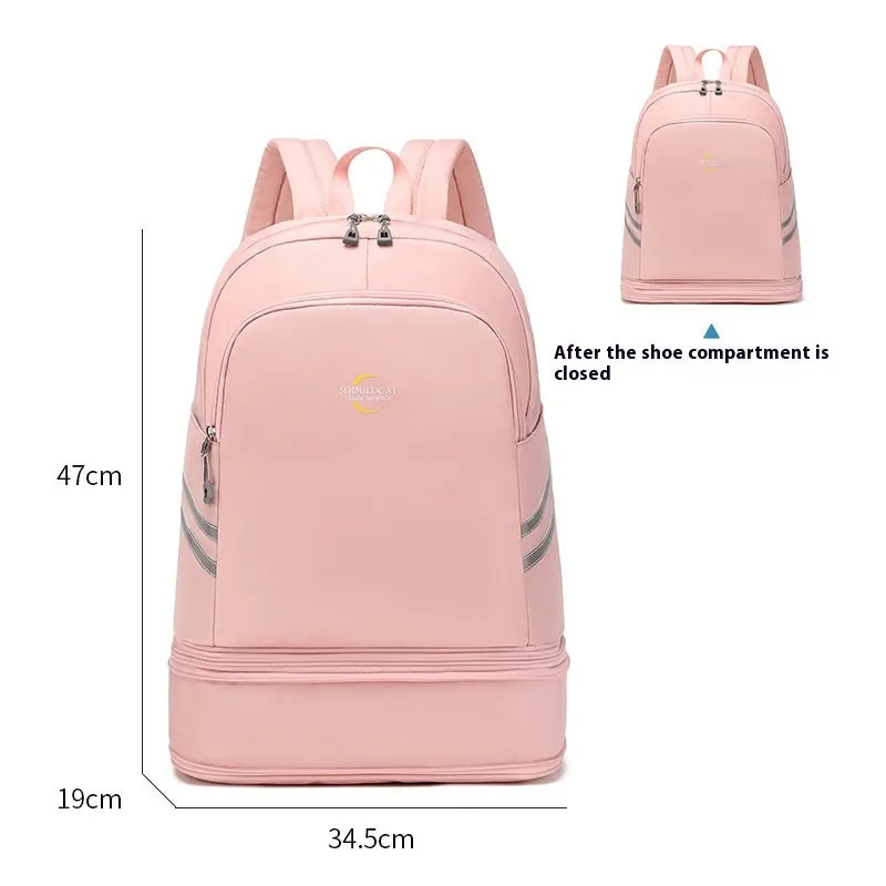 Women's travel backpack with dry-wet separation compartments in beige colour showing curved shoulder straps