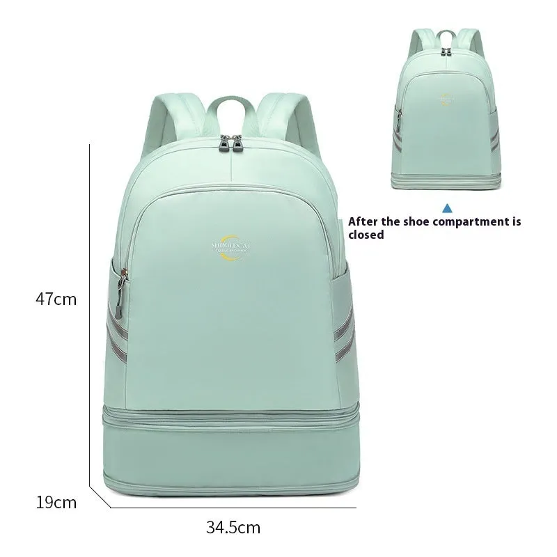 Women's travel backpack with dry-wet separation compartments in beige colour showing curved shoulder straps