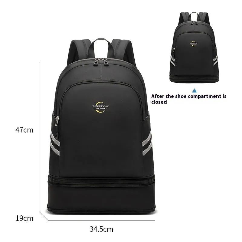 Women's travel backpack with dry-wet separation compartments in beige colour showing curved shoulder straps