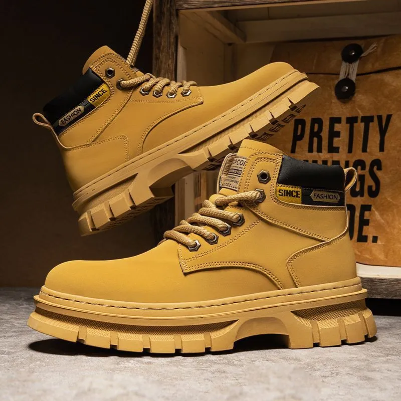 Men's brown Martin boots with high-top design, lace-up front, and round toe on rubber sole