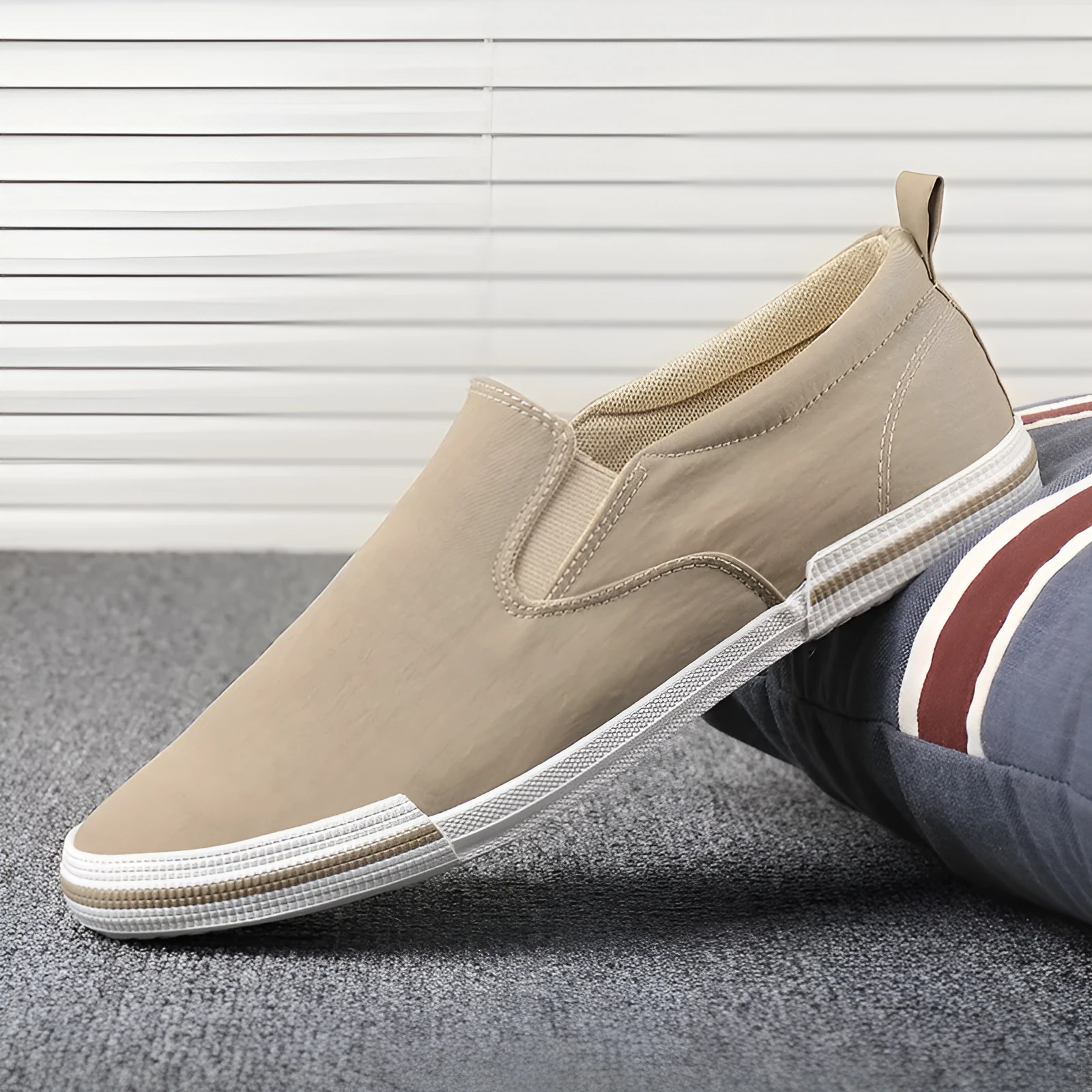 Men's casual canvas sneakers in grey, black orange, and khaki with vulcanised rubber soles
