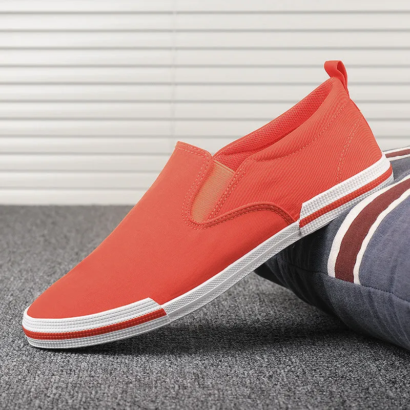 Men's casual canvas sneakers in grey, black orange, and khaki with vulcanised rubber soles