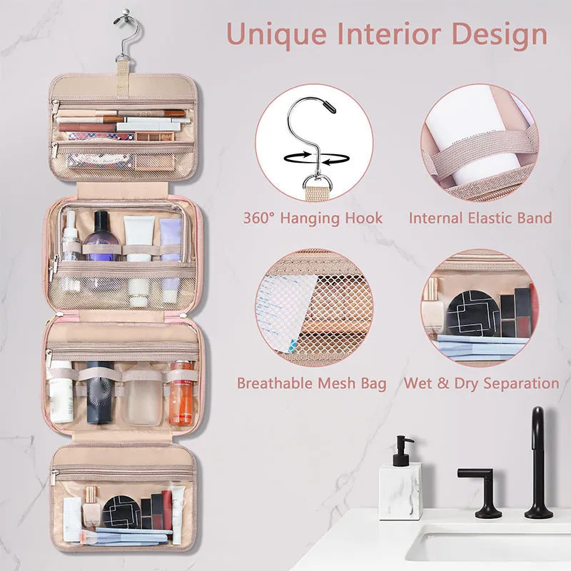 Black hanging waterproof cosmetic bag with clear compartments for toiletries